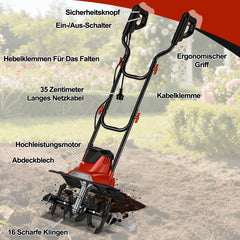 Ikodm Elektrische Gartenfräse Bodenfräse 1050W 380 U/min