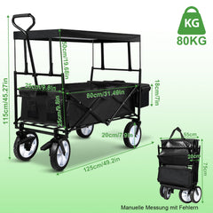 Ikodm Bollerwagen mit Dach Faltbar Tragfähigkeit 80kg