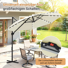 Ikodm Ampelschirm Ø300 cm inkl. Kreuzfuß 360° drehbarer Grau/Beige mit Solar-LED