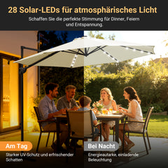 Ikodm Ampelschirm Ø300 cm inkl. Kreuzfuß 360° drehbarer Grau/Beige mit Solar-LED