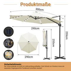 Ikodm Ampelschirm Ø300 cm inkl. Kreuzfuß 360° drehbarer Grau/Beige mit Solar-LED