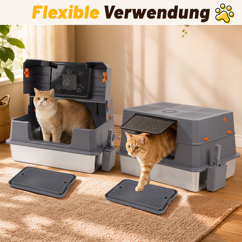 Ikodm Edelstahl Katzenklo XXXL mit hohem Rand, halb offen
