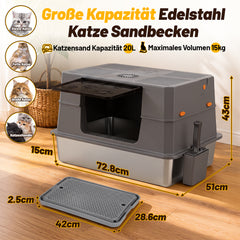 Ikodm Edelstahl Katzenklo XXXL mit hohem Rand, halb offen