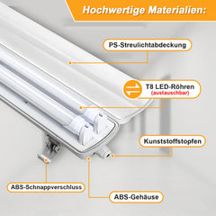 Ikodm 6 Stück 18w LED Feuchtraumleuchte Wannenleuchte 120cm, 1800LM Neutralweiß 4500K T8 LED Röhre, IP65 Wasserfest Feuchtraumlampe Werkstattlampe für Garage, Keller, Büro