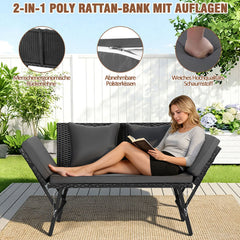 Ikodm 2 in 1 Gartenbank Polyrattan Gartensofa mit Liegefunktion