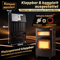 Ikodm Gasheizer 4200W, Elektroheizung 1260W, Infrarot Keramikbrenner, Gas Heizstrahler inkl. Gasdruckregler & Gasschlauch, Gasheizofen, Butan- oder Propangasflaschen bis 15kg