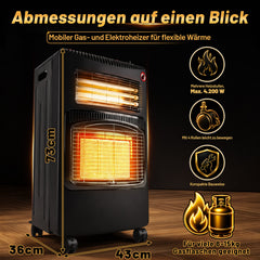 Ikodm Gasheizer 4200W, Elektroheizung 1260W, Infrarot Keramikbrenner, Gas Heizstrahler inkl. Gasdruckregler & Gasschlauch, Gasheizofen, Butan- oder Propangasflaschen bis 15kg