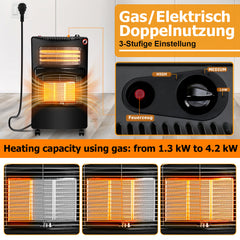 Ikodm Gasheizer 4200W, Elektroheizung 1260W, Infrarot Keramikbrenner, Gas Heizstrahler inkl. Gasdruckregler & Gasschlauch, Gasheizofen, Butan- oder Propangasflaschen bis 15kg