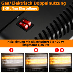 Ikodm Gasheizer 4200W, Elektroheizung 1260W, Infrarot Keramikbrenner, Gas Heizstrahler inkl. Gasdruckregler & Gasschlauch, Gasheizofen, Butan- oder Propangasflaschen bis 15kg