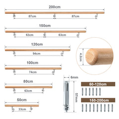 Ikodm Buchenholz-Handlauf 50-200 cm mit Wandhalterung, Ø 42 mm