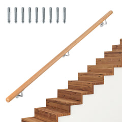 Ikodm Handlauf Buche Holz, Treppengeländer Geländer Wandhandlauf Wand Treppe mit Wandhalterung und Endkappen, Runder 42 mm Ø Rutschfester Holzhandlauf für Treppen Balkon
