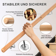Ikodm Handlauf Buche Holz, Treppengeländer Geländer Wandhandlauf Wand Treppe mit Wandhalterung und Endkappen, Runder 42 mm Ø Rutschfester Holzhandlauf für Treppen Balkon