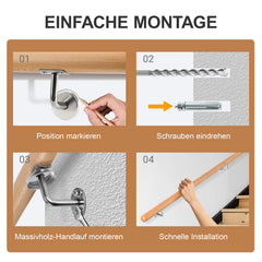 Ikodm Handlauf Buche Holz, Treppengeländer Geländer Wandhandlauf Wand Treppe mit Wandhalterung und Endkappen, Runder 42 mm Ø Rutschfester Holzhandlauf für Treppen Balkon