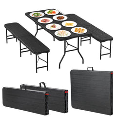 Ikodm Bierzeltgarnitur klappbar 3-teilig Set Tisch & 2X Bierbänke Holzmaserung-Optik Gartentisch