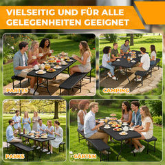 Ikodm Bierzeltgarnitur klappbar 3-teilig Set Tisch & 2X Bierbänke Holzmaserung-Optik Gartentisch