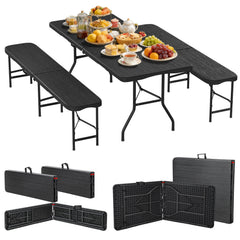 Ikodm Bierzeltgarnitur klappbar 3-teilig Set Tisch & 2X Bierbänke Holzmaserung-Optik Gartentisch