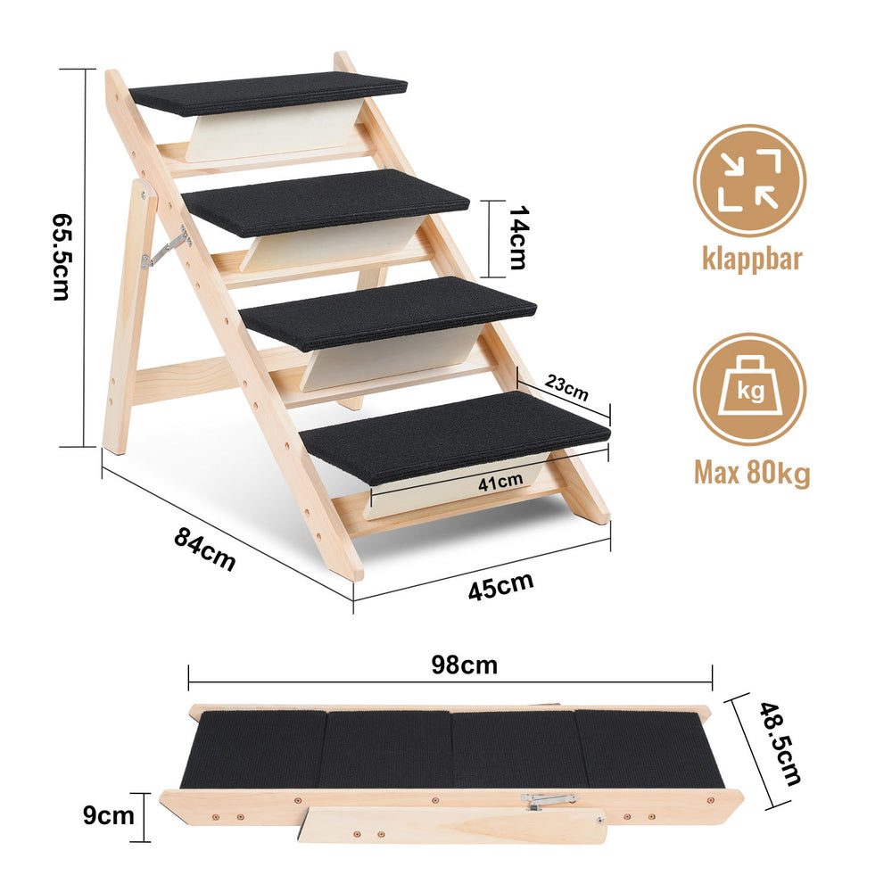 Ikodm 2-in-1 Hundetreppe & Hunderampe aus Holz, 4 Stufen, 65 cm hoch