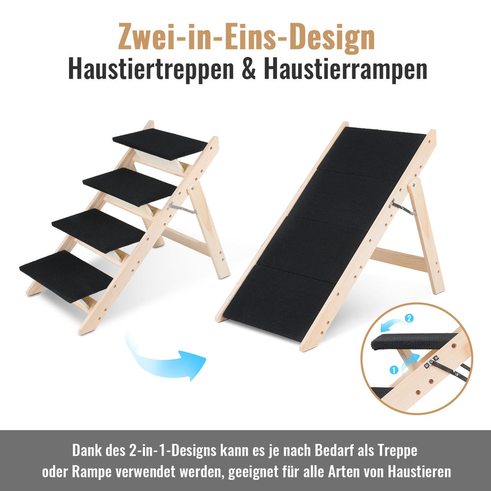 Ikodm 2-in-1 Hundetreppe & Hunderampe aus Holz, 4 Stufen, 65 cm hoch