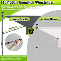 Ikodm Klemmmarkise ohne Bohren mit Handkurbel & Seitenstangen verstellbar