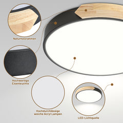 Ikodm LED Deckenleuchte Ø30 cm Schwarz Holz mit Fernbedienung