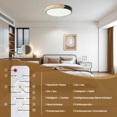 Ikodm LED Deckenleuchte Ø30 cm Schwarz Holz mit Fernbedienung