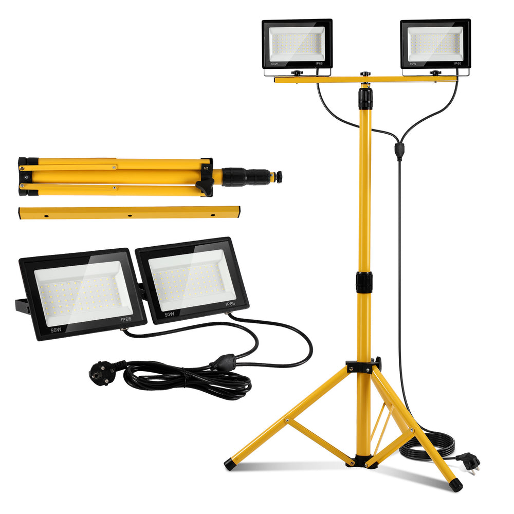 Ikodm LED Baustrahler mit Stativ 2x50-200W, 10.000 Lumen, IP66