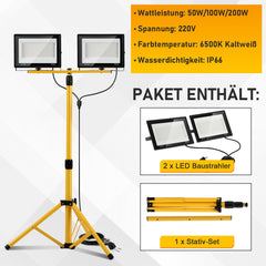 Ikodm LED Baustrahler mit Stativ 2x50-200W, 10.000 Lumen, IP66