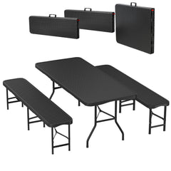 Ikodm Bierzeltgarnitur klappbar 3-teilig Set Tisch & 2X Bierbänke Rattan-Look Gartentisch