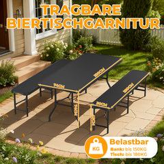 Ikodm Bierzeltgarnitur klappbar 3-teilig Set Tisch & 2X Bierbänke Rattan-Look Gartentisch