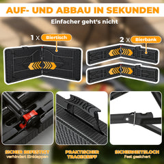 Ikodm Bierzeltgarnitur klappbar 3-teilig Set Tisch & 2X Bierbänke Rattan-Look Gartentisch