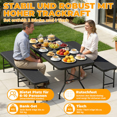 Ikodm Bierzeltgarnitur klappbar 3-teilig Set Tisch & 2X Bierbänke Rattan-Look Gartentisch