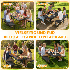 Ikodm Bierzeltgarnitur klappbar 3-teilig Set Tisch & 2X Bierbänke Rattan-Look Gartentisch