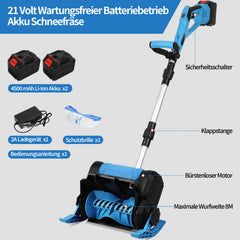 Ikodm Akku-Schneefräse, 21V/1000W Elektrische Schneefräse mit 2×4500mAh Akkus & Ladegerät