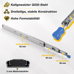 Ikodm Schwerlastauszug Vollauszug mit Verriegelung | 53 mm Breite | Seitenmontage | für Werkbank, Schrank, Camper, DIY