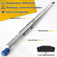 Ikodm Schwerlastauszug Vollauszug mit Verriegelung | 53 mm Breite | Seitenmontage | für Werkbank, Schrank, Camper, DIY