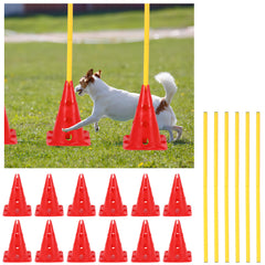 Ikodm Steckhürdenset 12 Kegel mit 6 Stangen, Agility Hürden Steckhürden Set, Koordinationstraining für Kinder Hunde Teamsport Fussball, Multifunktionskegel, für Fußball, Hundesport