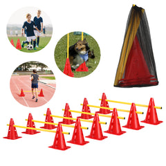 Ikodm Steckhürdenset 12 Kegel mit 6 Stangen, Agility Hürden Steckhürden Set, Koordinationstraining für Kinder Hunde Teamsport Fussball, Multifunktionskegel, für Fußball, Hundesport