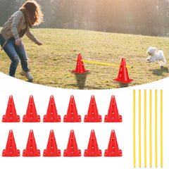 Ikodm Steckhürdenset 12 Kegel mit 6 Stangen, Agility Hürden Steckhürden Set, Koordinationstraining für Kinder Hunde Teamsport Fussball, Multifunktionskegel, für Fußball, Hundesport