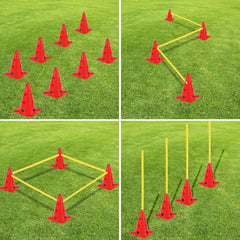 Ikodm Steckhürdenset 12 Kegel mit 6 Stangen, Agility Hürden Steckhürden Set, Koordinationstraining für Kinder Hunde Teamsport Fussball, Multifunktionskegel, für Fußball, Hundesport