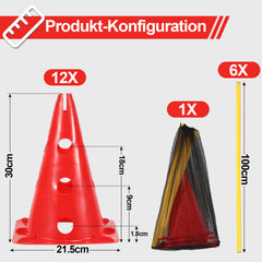 Ikodm Steckhürdenset 12 Kegel mit 6 Stangen, Agility Hürden Steckhürden Set, Koordinationstraining für Kinder Hunde Teamsport Fussball, Multifunktionskegel, für Fußball, Hundesport