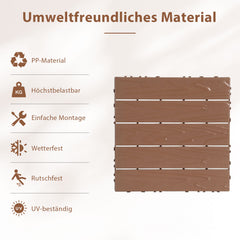 Ikodm Terrassenfliesen, 11 Stück Klickfliesen aus Kunststoff, 30 × 30 × 2 cm, ca. 1 m², für Balkon, Terrasse, Garten und Pool