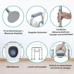 Ikodm Toilettenstuhl, Duschhocker inkl. Eimer, Höhenverstellbar 42-54cm, mit gepolsterter Sitzplatte und Toiletteneimer Belastbarkeit bis 160kg, Nachtstuhl für Senioren und Schwangere, Behinderte