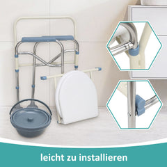 Ikodm Toilettenstuhl, Duschhocker inkl. Eimer, Höhenverstellbar 42-54cm, mit gepolsterter Sitzplatte und Toiletteneimer Belastbarkeit bis 160kg, Nachtstuhl für Senioren und Schwangere, Behinderte