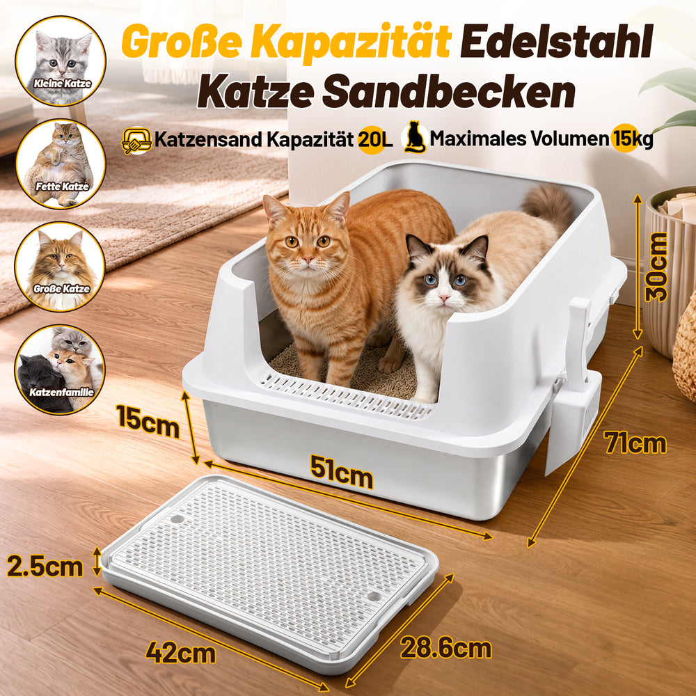 Ikodm Edelstahl Katzentoilette XXXL, halb offen mit hohem Rand, Weiß