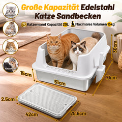 Ikodm Edelstahl Katzentoilette XXXL, halb offen mit hohem Rand, Weiß