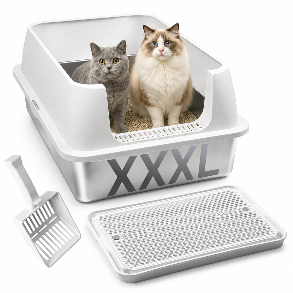 Ikodm Edelstahl Katzentoilette XXXL, halb offen mit hohem Rand, Weiß