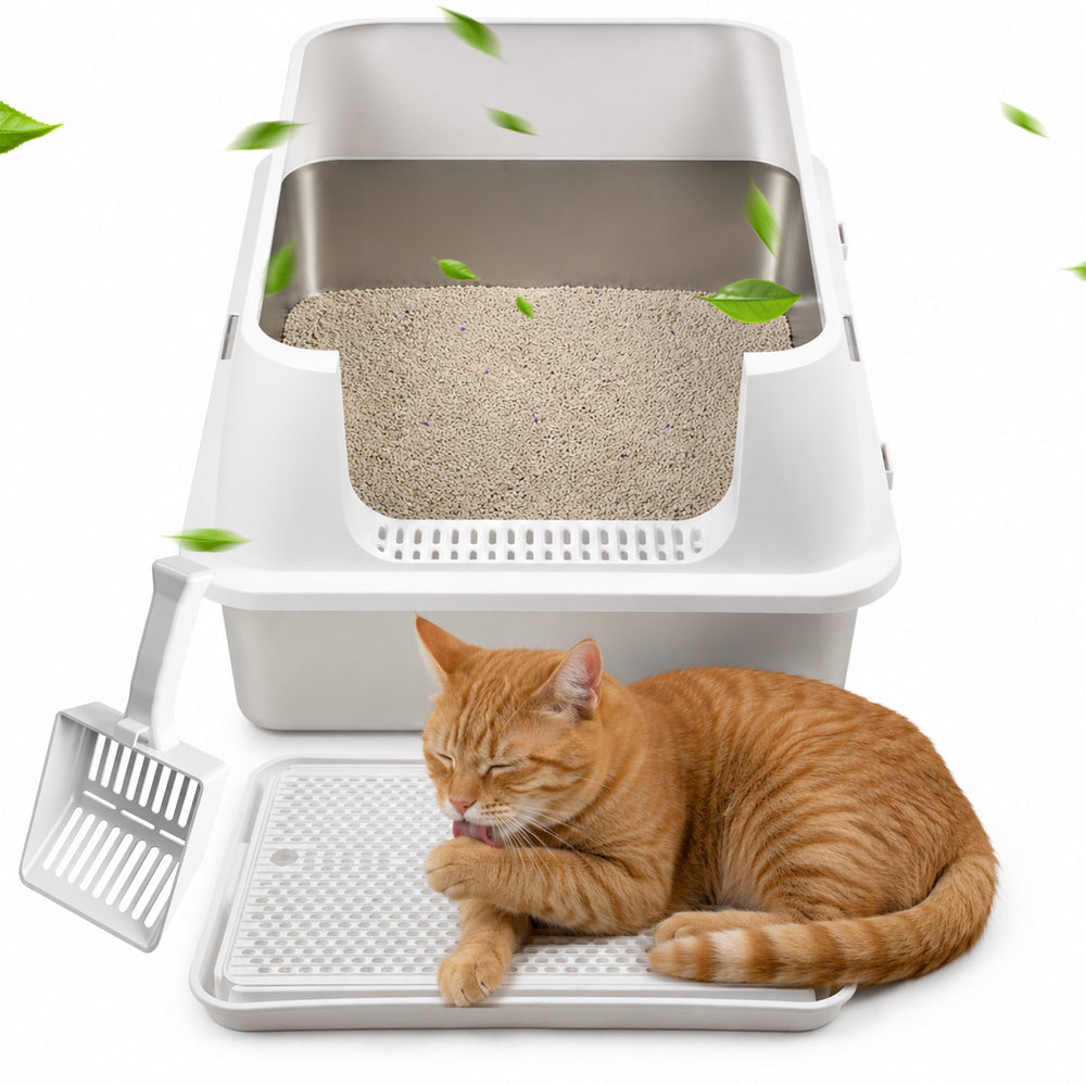 Ikodm Edelstahl Katzentoilette XXXL, halb offen mit hohem Rand, Weiß