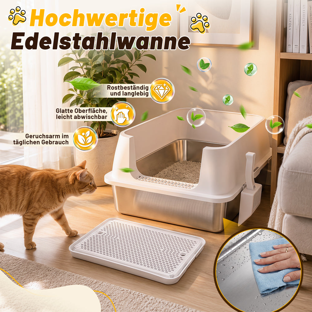 Ikodm Edelstahl Katzentoilette XXXL, halb offen mit hohem Rand, Weiß