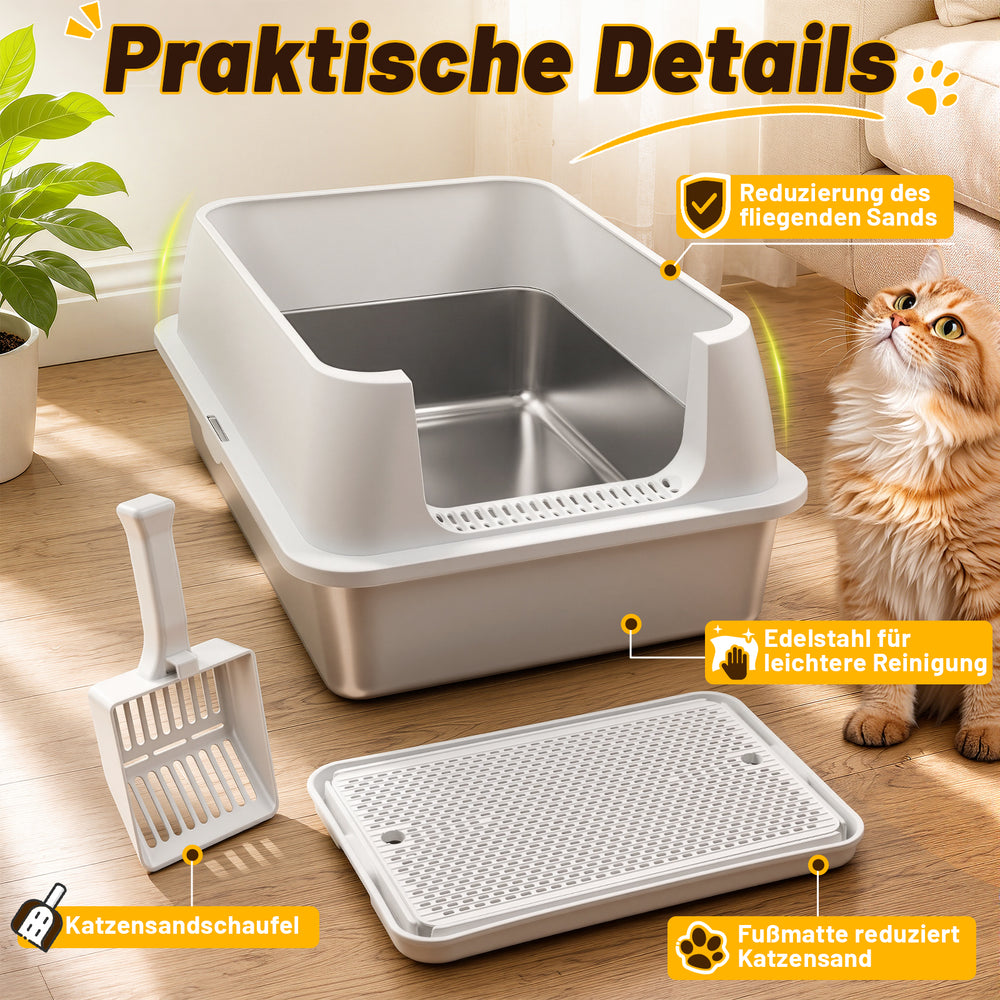 Ikodm Edelstahl Katzentoilette XXXL, halb offen mit hohem Rand, Weiß