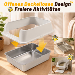 Ikodm Edelstahl Katzentoilette XXXL, halb offen mit hohem Rand, Weiß